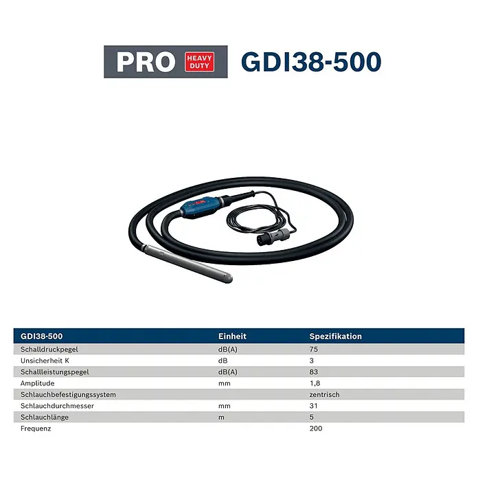 Bosch Professional Innenrüttler Akku-Betonrüttler-System GDI38-500 - Kabellänge: 5 m - Schwarzer, flexibler Betonrüttler mit grauem Rüttelkopf und blauer Steuereinheit, zur Aufbewahrung aufgerollt.