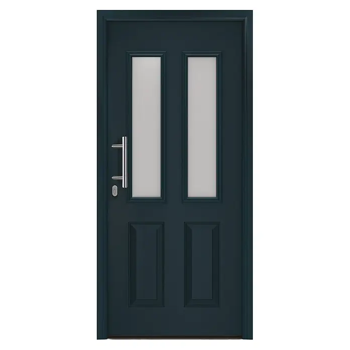 Hörmann EcoStar Haustür ISOPRO IP 410S - 110 x 210 cm, DIN Anschlag: Links, Anthrazitgrau - Dunkelblaue Eingangstür mit zwei Milchglasfenstern, zwei erhabenen Paneelen und silbernem Türgriff.