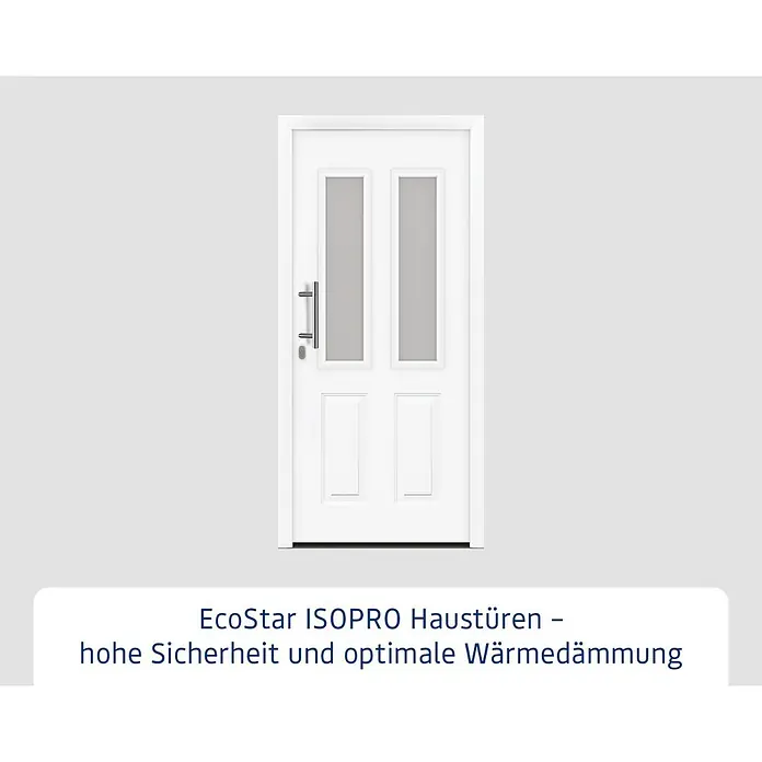 Hörmann EcoStar Haustür ISOPRO IP 410S - 110 x 210 cm, DIN Anschlag: Links, Verkehrsweiß - Weiße EcoStar ISOPRO Haustür mit zwei vertikalen Glaseinsätzen und Stangengriff.