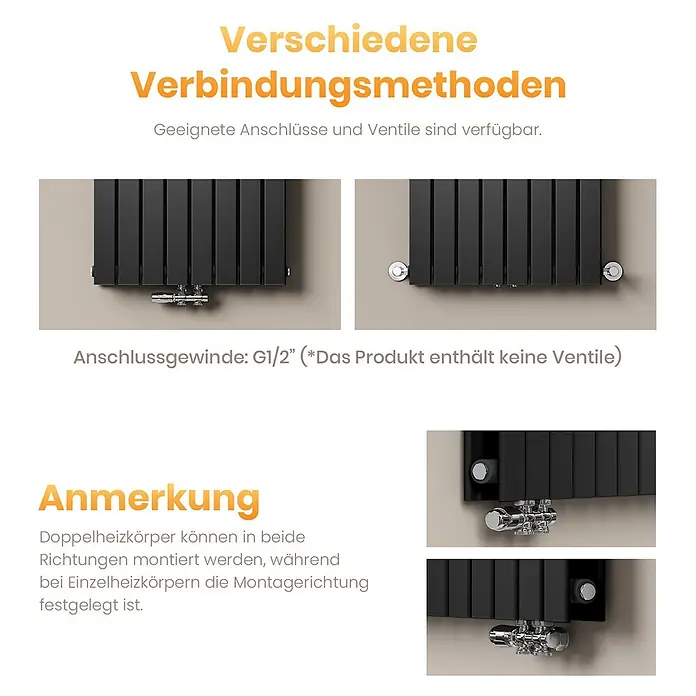 Emke Designheizkörper Flatrad FR - Wärmeleistung bei Vorlauftemperatur von 75 °C (D: 50): 911 W, Schwarz - Schwarzer Heizkörper mit verschiedenen Anschlussoptionen für Ventile.