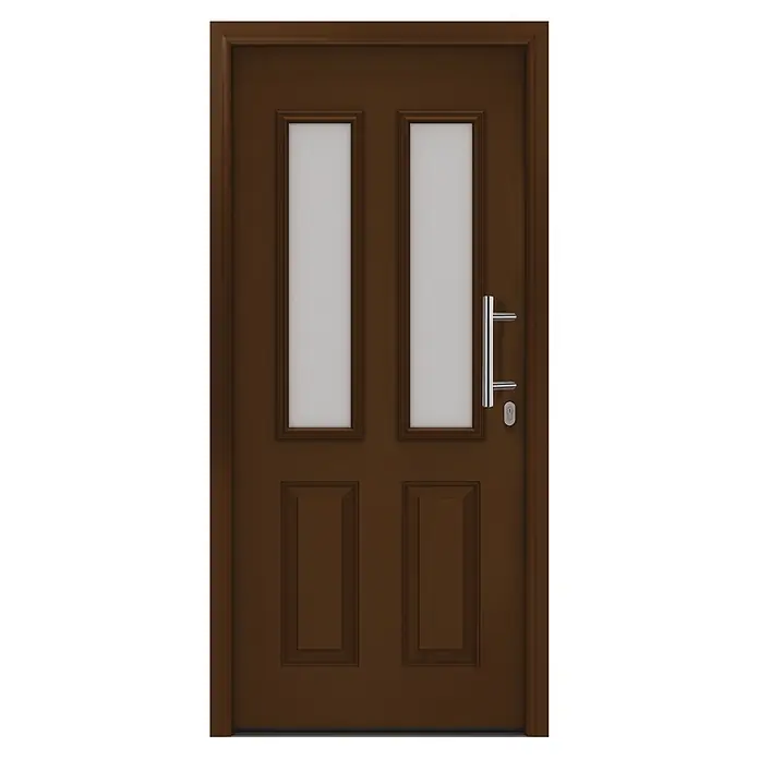 Hörmann EcoStar Haustür ISOPRO IP 410S - 110 x 210 cm, DIN Anschlag: Rechts, Terrabraun - Braune Holztür mit zwei rechteckigen Milchglasfeldern, einem modernen silbernen Stangengriff und Schlüsselloch.