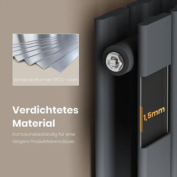 Emke Designheizkörper Flatrad FR - B x H: 62 x 180 cm, Wärmeleistung bei Vorlauftemperatur von 75 °C (D: 50): 2.227 W, Anthrazit - Dunkelgrauer Heizkörper aus 1,5mm dickem, korrosionsbeständigem SPCC-Stahl für lange Lebensdauer.