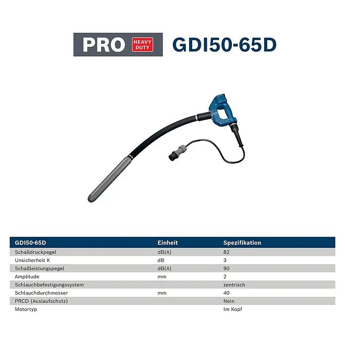 Bosch Professional Innenrüttler Akku-Betonrüttler-System GDI50-65D - Kabellänge: 1 m - Blau-gegriffener Betonrüttler mit schwarzem Schlauch und silberner Rüttelflasche für die Betonverdichtung.
