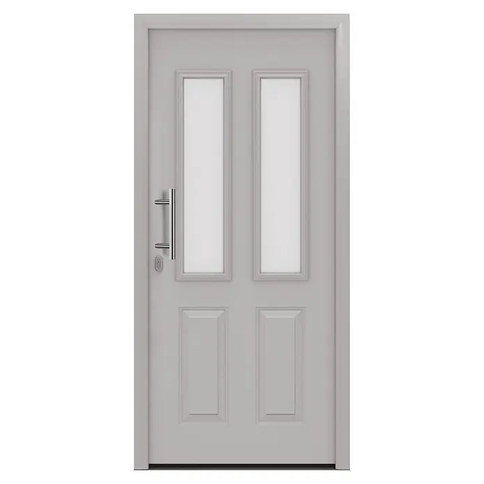 Hörmann EcoStar Haustür ISOPRO IP 410S - 110 x 210 cm, DIN Anschlag: Links, Weißaluminium - Helle graue moderne Tür mit zwei vertikalen Milchglasfeldern, zwei festen Paneelen und einem Edelstahl-Stangengriff.