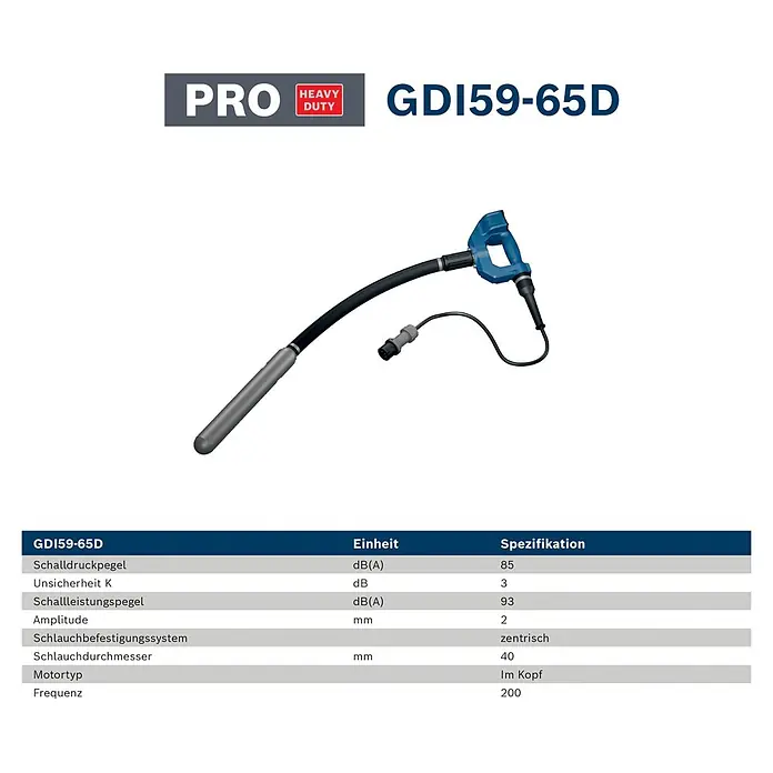 Bosch Professional Innenrüttler Akku-Betonrüttler-System GDI59-65D - Kabellänge: 1 m - Blauer und schwarzer GDI59-65D PRO HEAVY DUTY Betonrüttler mit flexiblem Schaft und grauem Rüttelkopf.