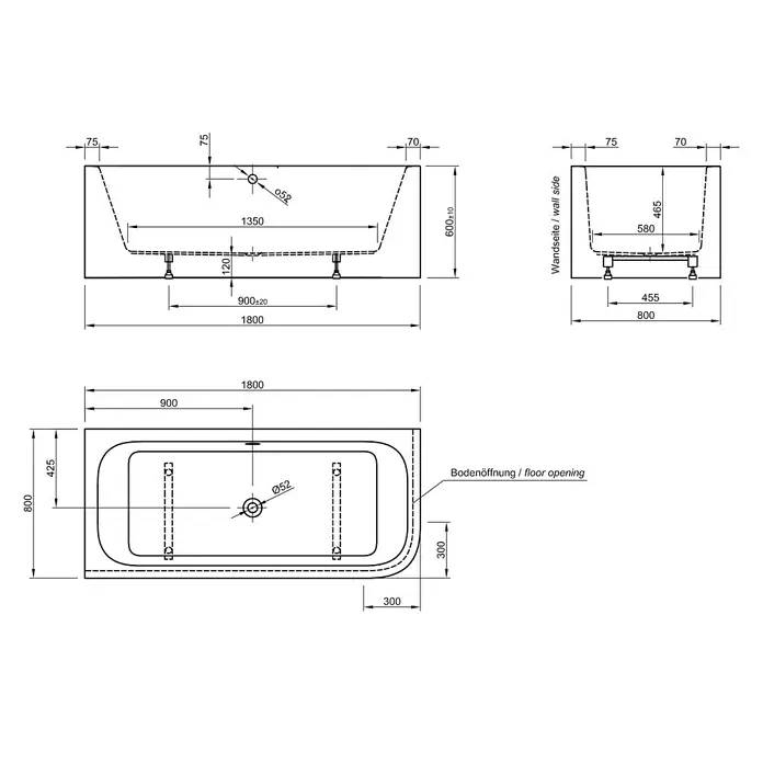 Ottofond Badewanne Bonita - 180 x 80 cm, Sanitäracryl, Weiß, Rechts, Mit Ab- und Überlaufgarnitur - Technische Zeichnung einer rechteckigen Badewanne mit Maßen und Details zur Bodenöffnung, Wandseite sowie Ablaufdurchmesser.