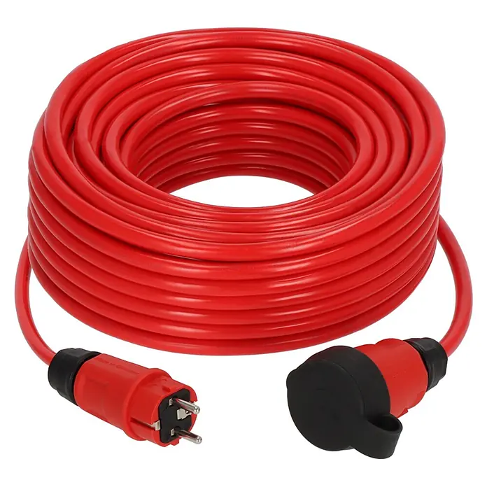 Brennenstuhl Verlängerungskabel BREMAXX-PUR - 25 mm, Rot, IP44, H07BQ - Rotes, aufgerolltes Verlängerungskabel mit Stecker und abgedeckter Buchse.