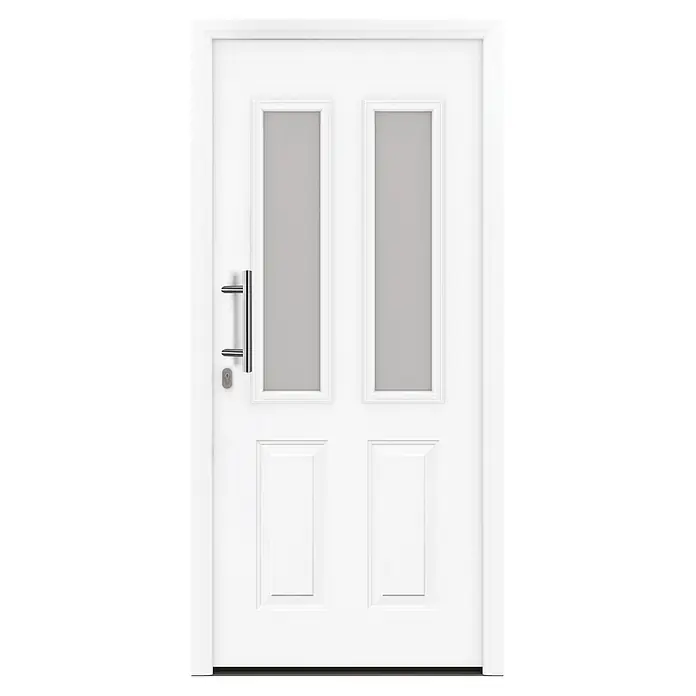 Hörmann EcoStar Haustür ISOPRO IP 410S - 110 x 210 cm, DIN Anschlag: Links, Verkehrsweiß - Weiße Tür mit zwei vertikalen Glasscheiben, zwei unteren Vollpaneelen und einem Chrom-Stangengriff mit Schlüsselloch.