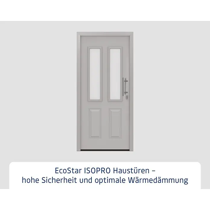 Hörmann EcoStar Haustür ISOPRO IP 410S - 110 x 210 cm, DIN Anschlag: Rechts, Weißaluminium - Hellgraue Eingangstür mit zwei vertikalen Glasscheiben und silbernem Stangengriff.