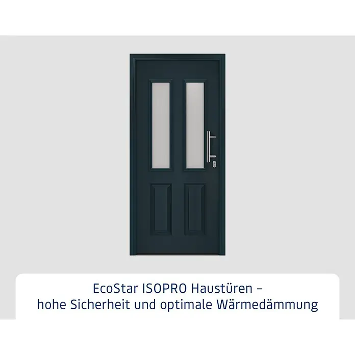 Hörmann EcoStar Haustür ISOPRO IP 410S - 110 x 210 cm, DIN Anschlag: Rechts, Anthrazitgrau - Dunkelgrüne moderne Haustür mit zwei vertikalen Milchglaseinsätzen und silbernem Griff.