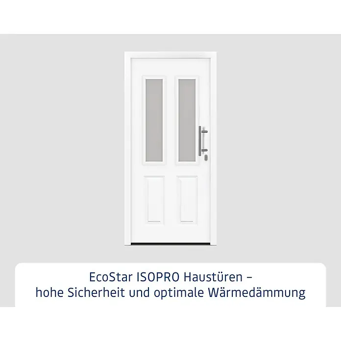 Hörmann EcoStar Haustür ISOPRO IP 410S - 110 x 210 cm, DIN Anschlag: Rechts, Verkehrsweiß - Weiße EcoStar ISOPRO Haustür mit zwei Glaseinsätzen und silbernem Griff.