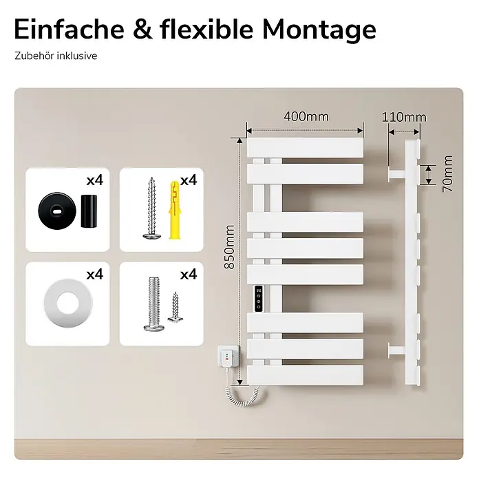 Emke Elektro-Badheizkörper Flatrad ESFTR5 - B x H: 40 x 85 cm - Weißer elektrischer Handtuchwärmer, Maße 850x400x110mm, mit Montagezubehör (Schrauben, Dübel, Unterlegscheiben, Distanzhülsen).