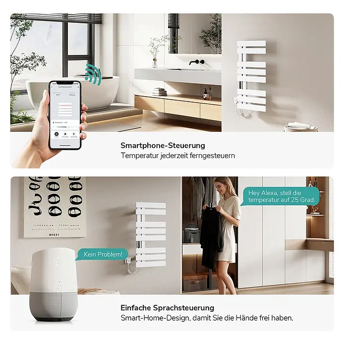 Emke Elektro-Badheizkörper Flatrad ESFTR5 - B x H: 40 x 85 cm - Ein weißer smarter Handtuchwärmer, gesteuert per Smartphone-App im Bad und per Sprachbefehl mit einem Smart Speaker im Schlafzimmer.