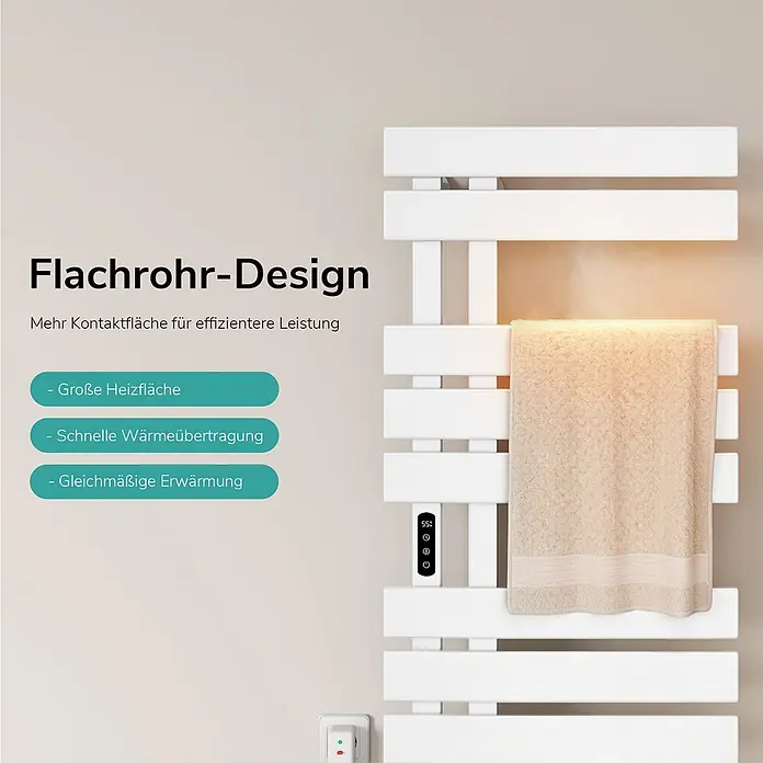 Emke Elektro-Badheizkörper Flatrad ESFTR5 -  - Weißer Flachrohr-Handtuchwärmer mit digitaler Anzeige (55°C) und beigefarbenem Handtuch.