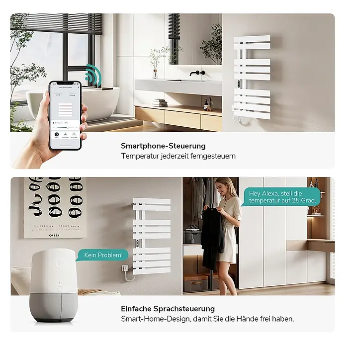 Emke Elektro-Badheizkörper Flatrad ESFTR5 -  - Weißer elektrischer Handtuchwärmer mit Smart-Home-Steuerung, in Bad und Ankleidezimmer gezeigt.