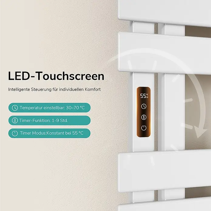 Emke Elektro-Badheizkörper Flatrad ESFTR5 -  - Weißer Handtuchwärmer mit LED-Touchscreen, der die Temperatur anzeigt und Bedienelemente für intelligente Steuerung bietet.