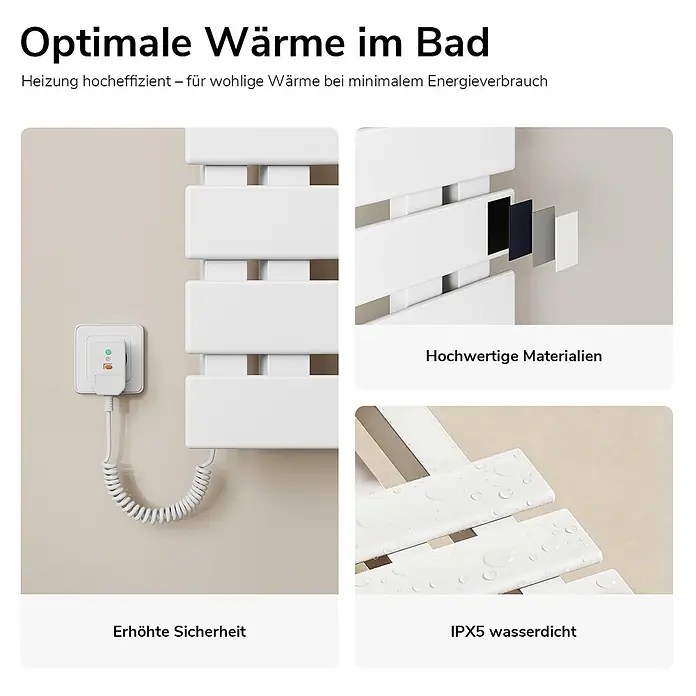 Emke Elektro-Badheizkörper Flatrad ESFTR5 -  - Weißer elektrischer Badheizkörper mit Sicherheitsfunktionen, hochwertigen Materialien und IPX5 Wasserdichtigkeit.