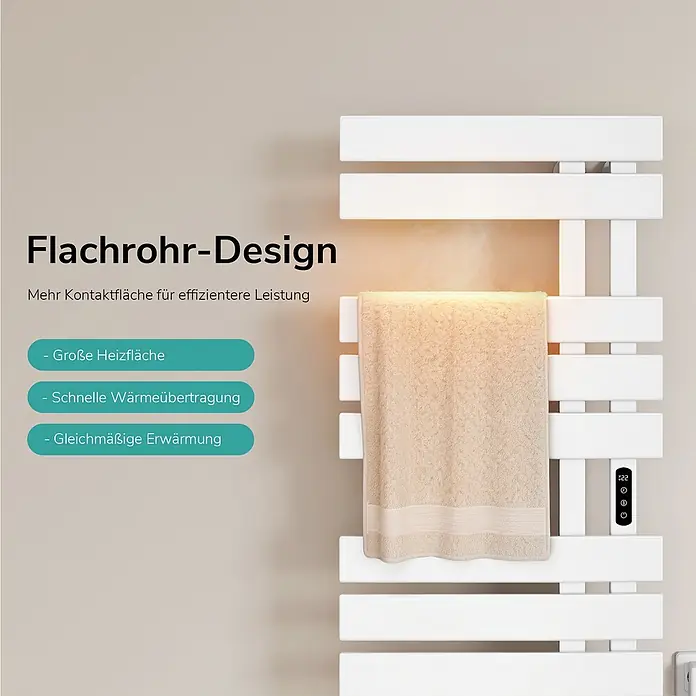 Emke Elektro-Badheizkörper Flatrad ESFTR5 -  - Weißer Flachrohr-Handtuchwärmer mit Digitalanzeige, der ein beiges Handtuch sanft erwärmt.