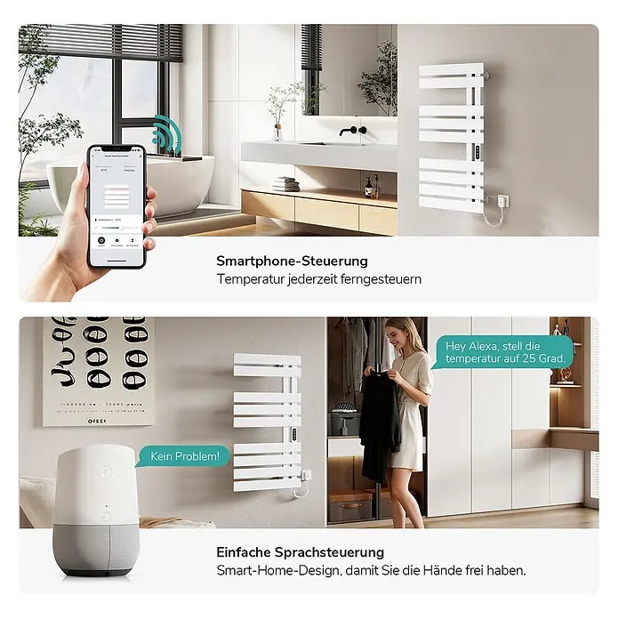 Emke Elektro-Badheizkörper Flatrad ESFTR5 -  - Weißer elektrischer Handtuchwärmer mit intelligenter Steuerung, über Smartphone und Sprachassistenten im Heimgebrauch dargestellt.