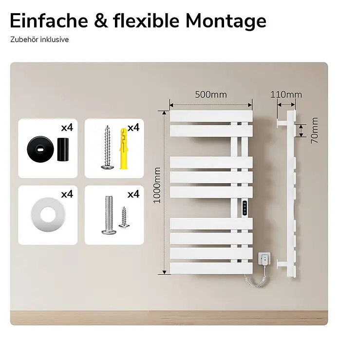 Emke Elektro-Badheizkörper Flatrad ESFTR5 -  - Weißer elektrischer Handtuchwärmer (1000x500mm) mit Abmessungen und inklusivem Montagezubehör.