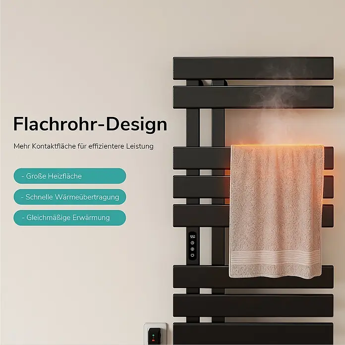 Emke Elektro-Badheizkörper Flatrad ESFTR5 - B x H: 50 x 100 cm - Schwarzer Flachrohr-Handtuchwärmer heizt aktiv ein Handtuch, 55°C Display und aufsteigender Dampf.