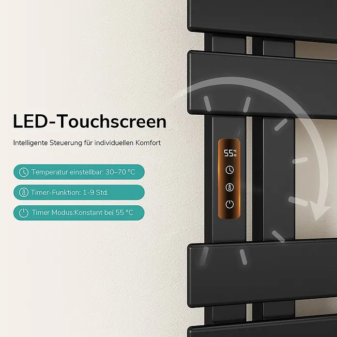Emke Elektro-Badheizkörper Flatrad ESFTR5 - B x H: 50 x 100 cm - Schwarzer elektrischer Handtuchwärmer mit LED-Touchscreen, der 55°C anzeigt und Bedienelemente für Temperatur, Timer und Power hat.