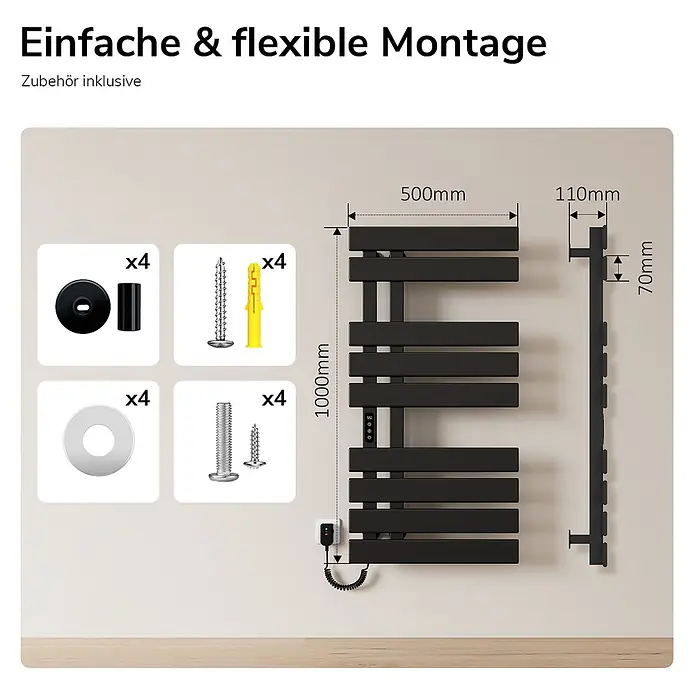 Emke Elektro-Badheizkörper Flatrad ESFTR5 - B x H: 50 x 100 cm - Schwarzer elektrischer Handtuchwärmer, 1000x500x110mm, mit 4 Montagesätzen (Distanzstücke, Schrauben, Dübel, Unterlegscheiben).