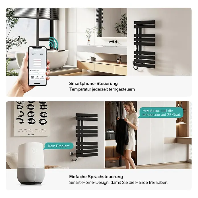 Emke Elektro-Badheizkörper Flatrad ESFTR5 - B x H: 50 x 100 cm - Schwarzer smarter Elektro-Handtuchwärmer, fernsteuerbar per Smartphone-App und Sprachbefehl, in modernem Bad.