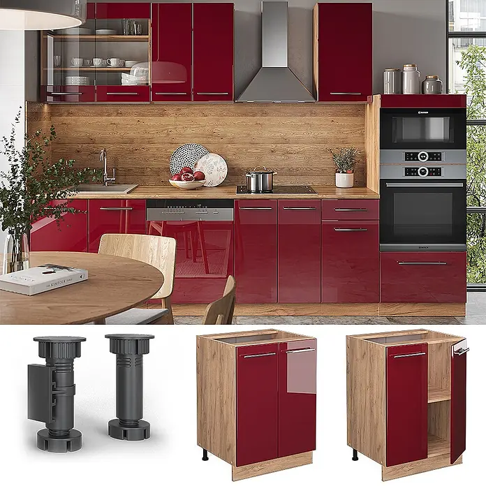 Vicco Schrankküche Fame-Line Bordeaux Hochglanz ohne Arbeitsplatte - Bordeaux Hochglanz, Unterschrank 60 cm - Moderne Küche mit glänzend roten Schränken, Holzdetails und integrierten Geräten. Inklusive Unterschrank mit verstellbaren Füßen.