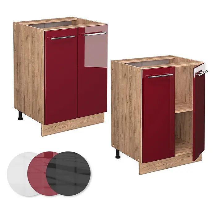 Vicco Schrankküche Fame-Line Bordeaux Hochglanz ohne Arbeitsplatte - Bordeaux Hochglanz, Unterschrank 60 cm - Zwei Küchenunterschränke mit Holzoptik-Rahmen und glänzenden roten Türen. Ein Schrank ist offen und zeigt ein internes Regal.