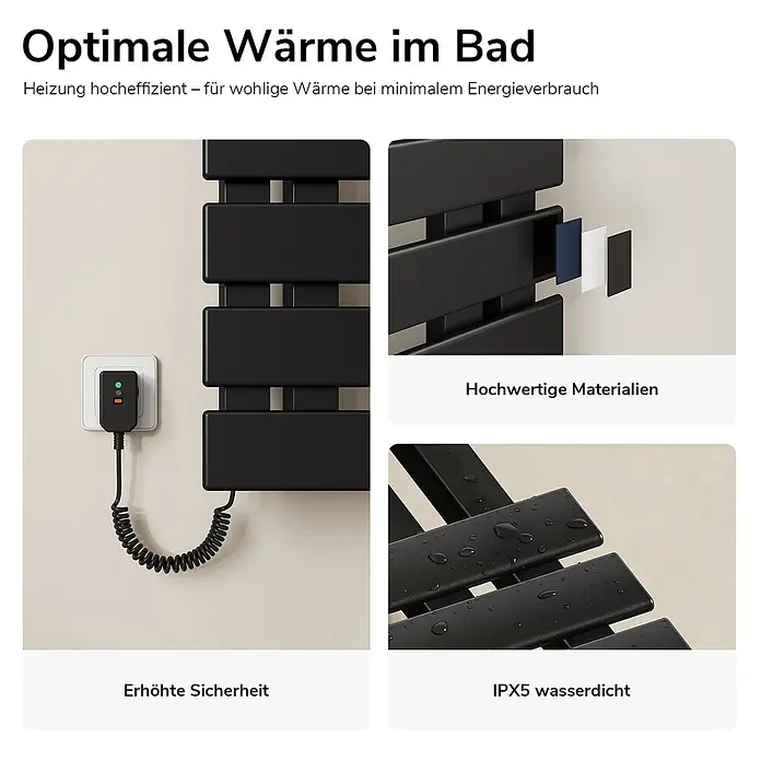 Emke Elektro-Badheizkörper Flatrad ESFTR5 - B x H: 50 x 100 cm - Schwarzer elektrischer Badheizkörper mit Sicherheitsmerkmalen und IPX5 Wasserdichtigkeit.