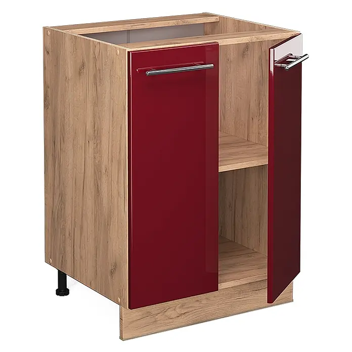 Vicco Schrankküche Fame-Line Bordeaux Hochglanz ohne Arbeitsplatte - Bordeaux Hochglanz, Unterschrank 60 cm - Küchenunterschrank mit hellem Holzkorpus und glänzenden roten Türen mit Metallgriffen. Eine Tür ist leicht geöffnet.