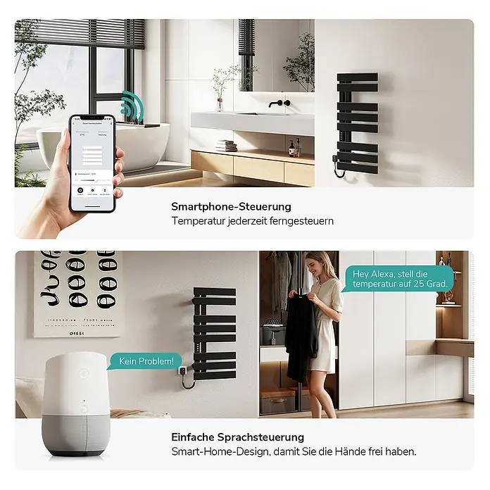 Emke Elektro-Badheizkörper Flachrohr Handtuchwärmer Calita - B x H: 40 x 85 cm - Schwarzer elektrischer Handtuchwärmer in modernem Zuhause, Smartphone- und Sprachsteuerung demonstrierend.