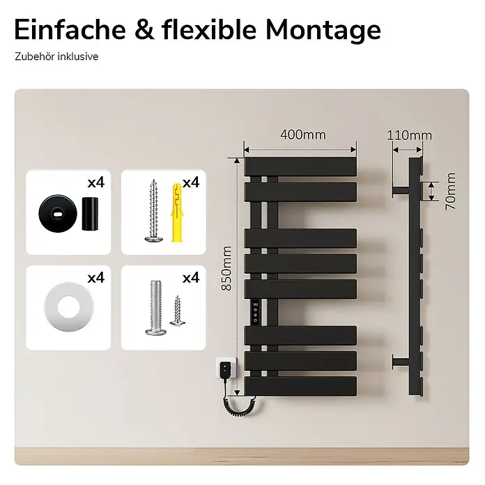 Emke Elektro-Badheizkörper Flachrohr Handtuchwärmer Calita - B x H: 40 x 85 cm - Schwarzer elektrischer Handtuchwärmer, 400x850x110mm, inkl. Montageset.
