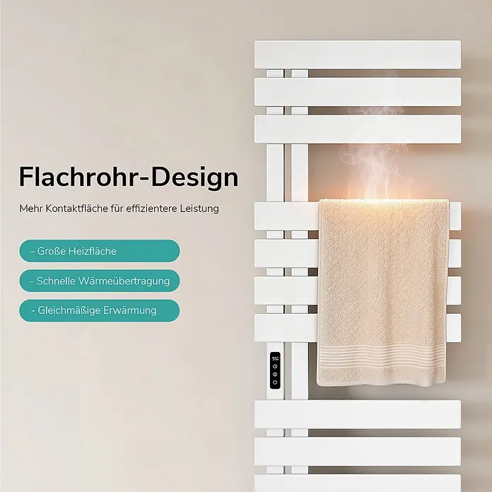 Emke Elektro-Badheizkörper Flatrad ESFTR5 -  - Weißer Flachrohr-Handtuchwärmer an der Wand mit einem beigen Handtuch zum Trocknen. Eine Digitalanzeige zeigt 55 an.