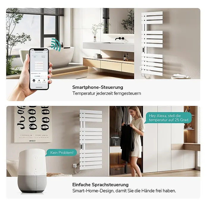 Emke Elektro-Badheizkörper Flatrad ESFTR5 -  - Weißer elektrischer Handtuchwärmer, steuerbar per Smartphone-App und Sprachassistent (Alexa/Google Assistant).