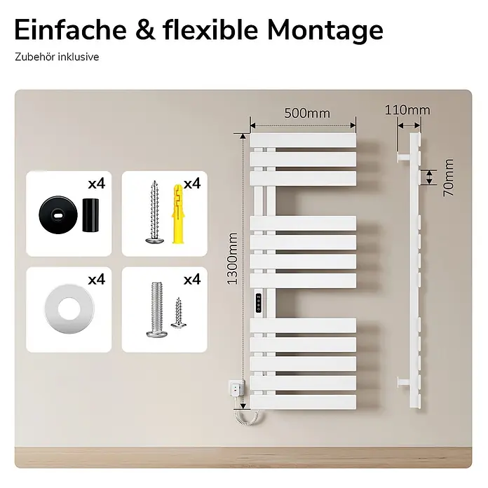 Emke Elektro-Badheizkörper Flatrad ESFTR5 -  - Weißer elektrischer Handtuchwärmer mit horizontalen Stäben, wandmontiert, komplett mit Montagezubehör.