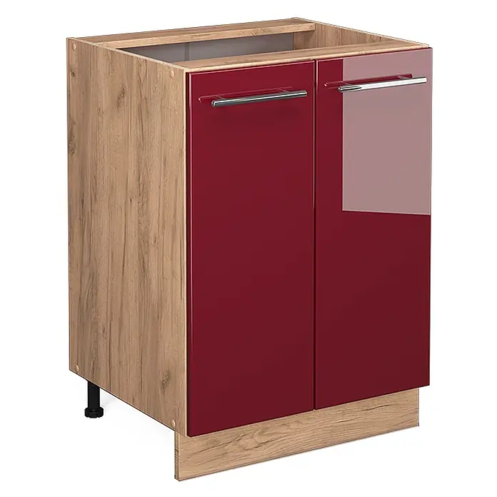 Vicco Schrankküche Fame-Line Bordeaux Hochglanz ohne Arbeitsplatte - Bordeaux Hochglanz, Unterschrank 60 cm - Küchenunterschrank mit heller Holzmaserung und zwei glänzenden dunkelroten Türen mit silbernen Griffen.