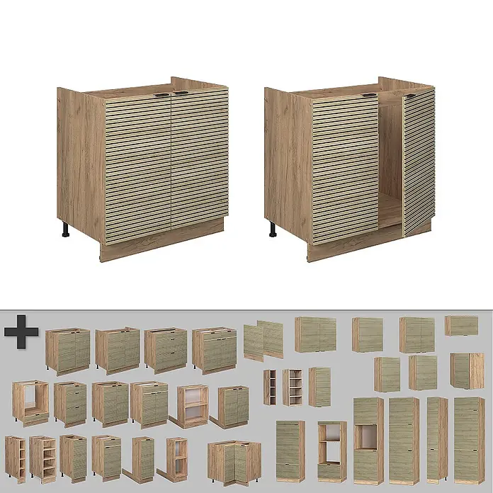 Vicco Schrankküche Fame-Line Eiche Paneel ohne Arbeitsplatte - Eiche Paneel, Spülenunterschrank 80 cm - Modulares Küchenschranksystem mit Holzoptik-Elementen und Lamellenfronten.
