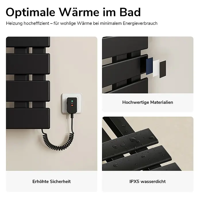Emke Elektro-Badheizkörper Flatrad ESFTR5 - B x H: 50 x 100 cm - Schwarzer elektrischer Badheizkörper, effizient, IPX5 wasserdicht, sicher, aus hochwertigen Materialien für optimale Wärme.