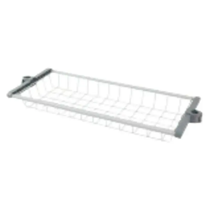 Cesta - L x An x Al: 68 x 25 x 7 cm, Plateado, Apto para: Armarios para ropa - La imagen muestra un organizador de fregadero de malla metálica con un marco gris, ideal para organizar los utensilios de cocina.