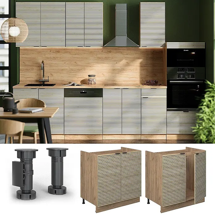 Vicco Schrankküche Fame-Line Eiche Paneel ohne Arbeitsplatte - Eiche Paneel, Spülenunterschrank 80 cm - Moderne Küche mit Lamellenholzschränken, Spüle, Backofen und verstellbaren Schranksockeln.