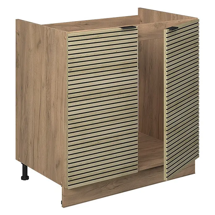 Vicco Schrankküche Fame-Line Eiche Paneel ohne Arbeitsplatte - Eiche Paneel, Spülenunterschrank 80 cm - Küchenunterschrank in Holzoptik mit Lamellentüren und schwarzen Griffen, auf verstellbaren Füßen.