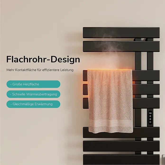 Emke Elektro-Badheizkörper Flatrad ESFTR5 - B x H: 50 x 100 cm - Schwarzer Flachrohr-Handtuchwärmer heizt ein beiges Handtuch, zeigt 55°C Display und aufsteigenden Dampf.