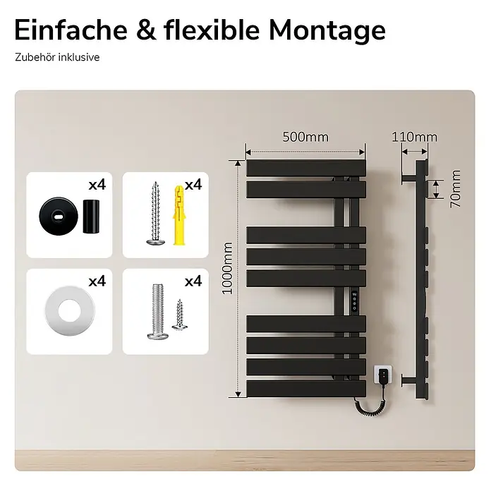 Emke Elektro-Badheizkörper Flatrad ESFTR5 - B x H: 50 x 100 cm - Schwarzer elektrischer Handtuchwärmer mit Maßen und Montagezubehör für einfache Installation.
