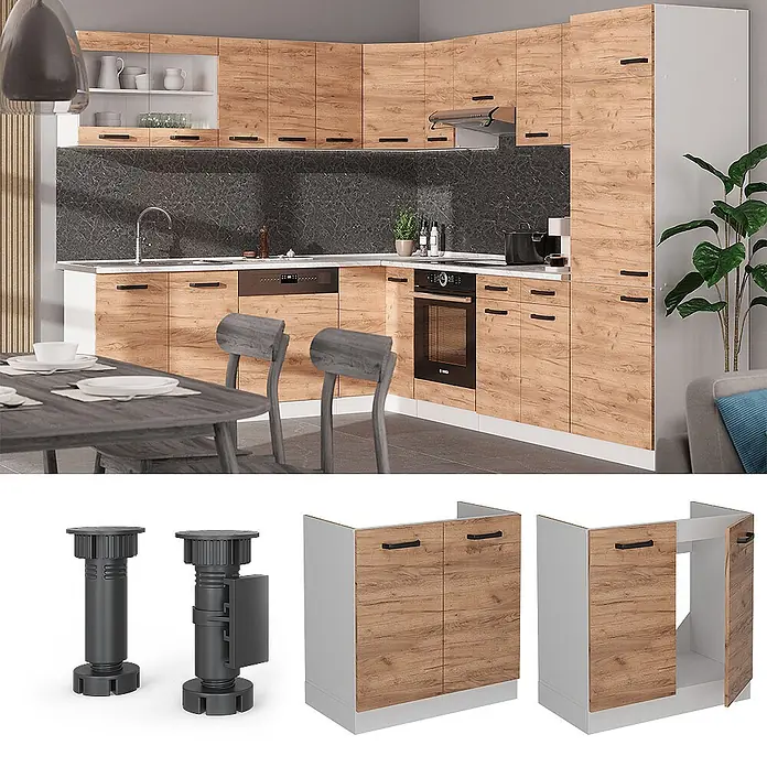 Vicco Schrankküche R-Line Goldkraft Eiche ohne Arbeitsplatte - Goldkraft Eiche, Spülenunterschrank 80 cm - Moderne Eckküche mit hellen Holzmaserungsschränken und integrierten Geräten, ergänzt durch verstellbare Möbelbeine und Unterschränke.
