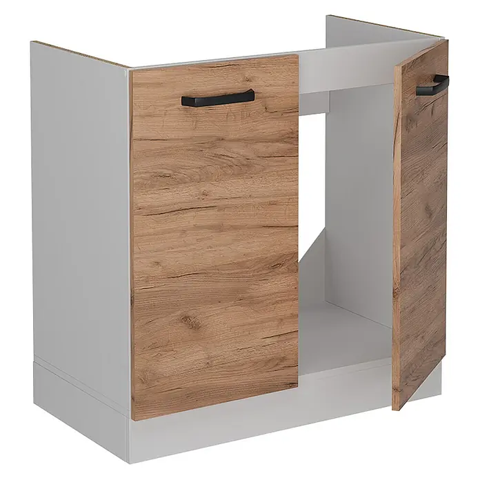 Vicco Schrankküche R-Line Goldkraft Eiche ohne Arbeitsplatte - Goldkraft Eiche, Spülenunterschrank 80 cm - Hellgrauer Spülunterschrank mit zwei Holzoptiktüren und schwarzen Griffen, eine Tür leicht geöffnet.