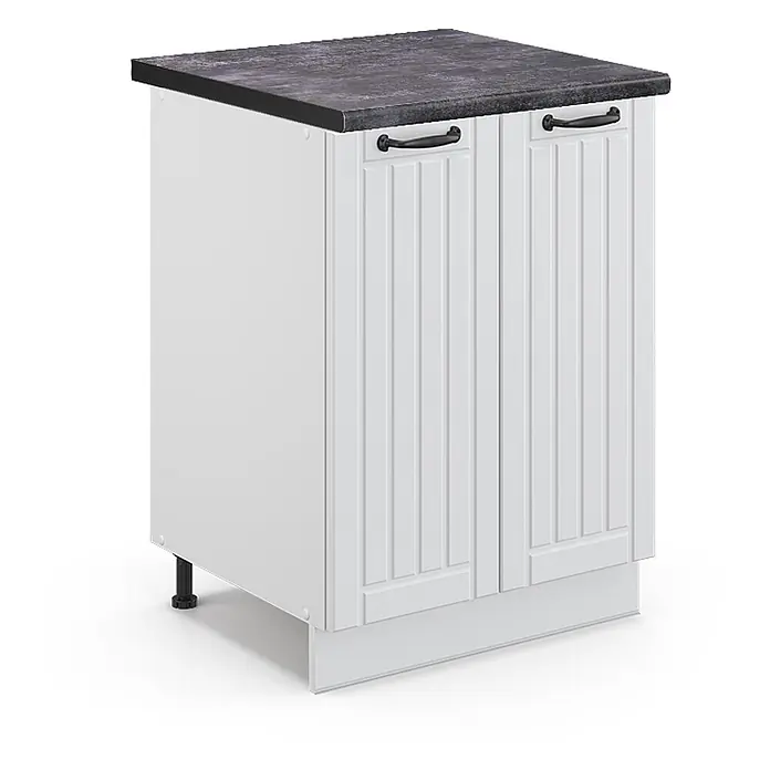 Vicco Schrankküche Fame-Line Weiß Landhaus, AP Anthrazit - Weiß Landhaus, Unterschrank 60 cm - Weißer Unterschrank mit Lamellentüren, schwarzen Griffen, dunkelgrauer Arbeitsplatte und weißem Sockel.