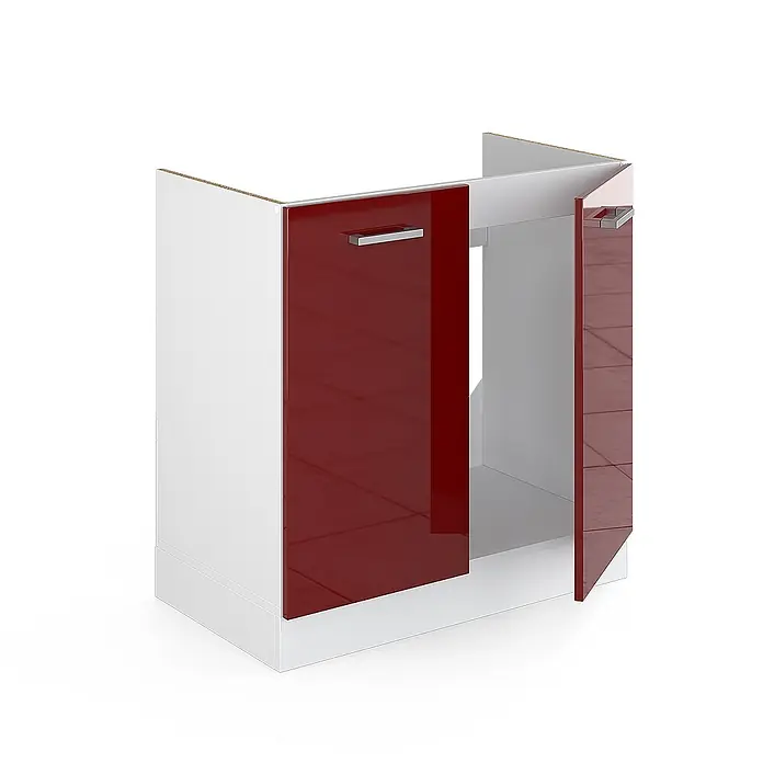 Vicco Schrankküche R-Line Rot Hochglanz, AP Anthrazit - Rot Hochglanz, Spülenunterschrank 80 cm, AP Anthrazit - Weißer Küchenunterschrank mit zwei hochglanzroten Türen und Metallgriffen, eine Tür offen.