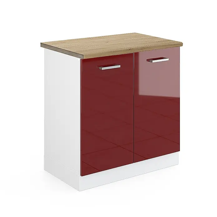 Vicco Schrankküche R-Line Rot Hochglanz, AP Eiche - Rot Hochglanz, Spülenunterschrank 80 cm - Kleiner Schrank mit heller Holzoptik-Platte, weißem Korpus und zwei glänzenden roten Türen mit Chromgriffen.